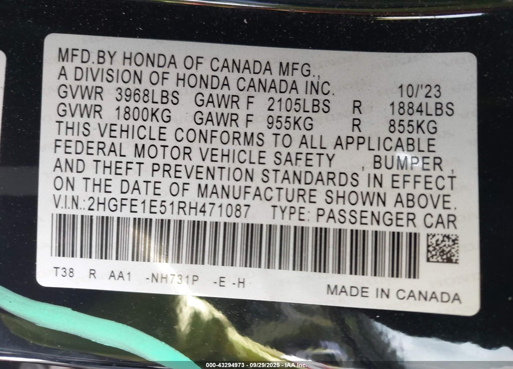 2024 HONDA CIVIC SI SEDAN VIN: 2HGFE1E51RH471087