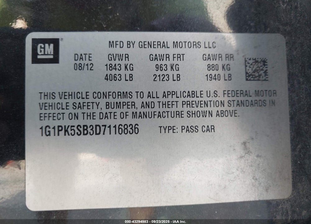 2013 CHEVROLET CRUZE VIN: 1G1PK5SB3D7116836