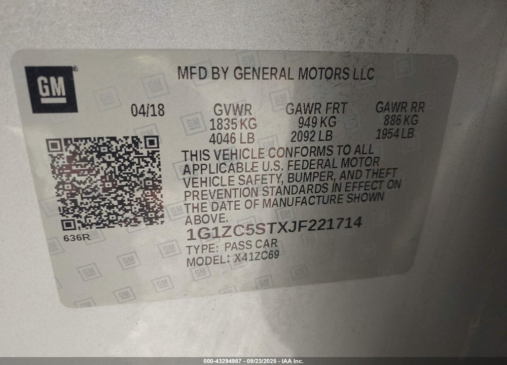 2018 CHEVROLET MALIBU VIN: 1G1ZC5STXJF221714