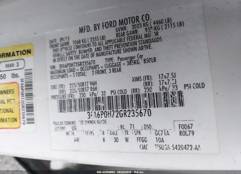 2016 FORD FUSION VIN: 3FA6P0H72GR235670