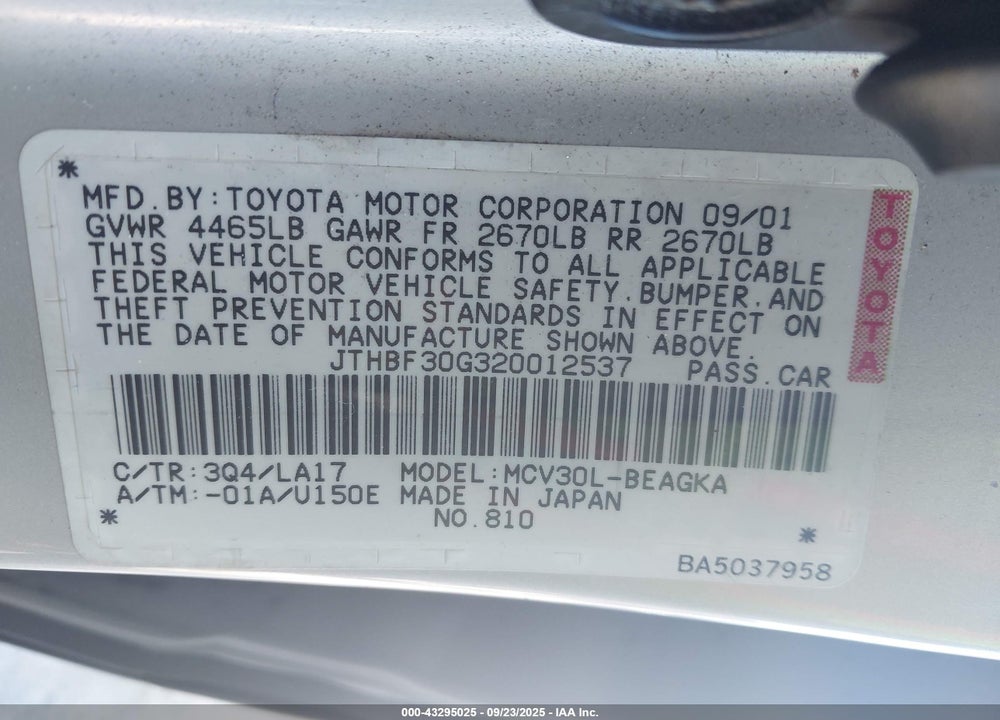 2002 LEXUS ES 300 VIN: JTHBF30G320012537