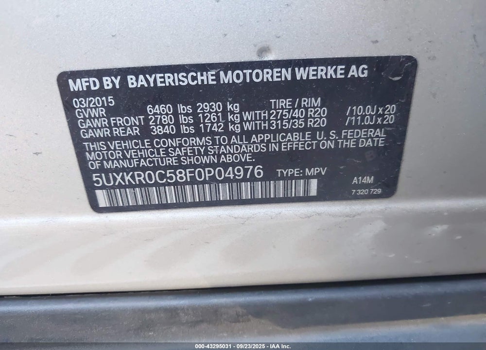 2015 BMW X5 VIN: 5UXKR0C58F0P04976