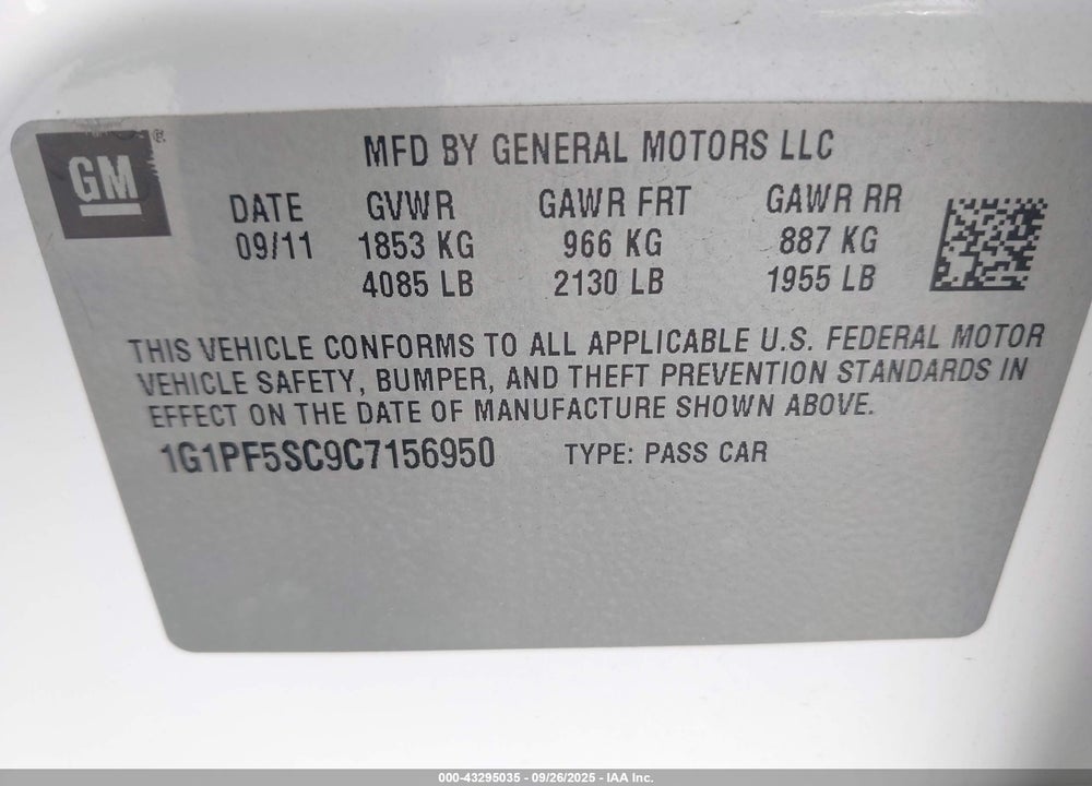 2012 CHEVROLET CRUZE 1LT VIN: 1G1PF5SC9C7156950