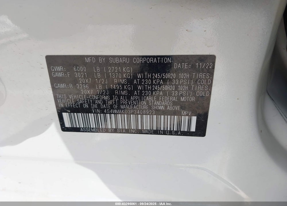 2023 SUBARU ASCENT VIN: 4S4WMAKD3P3408923