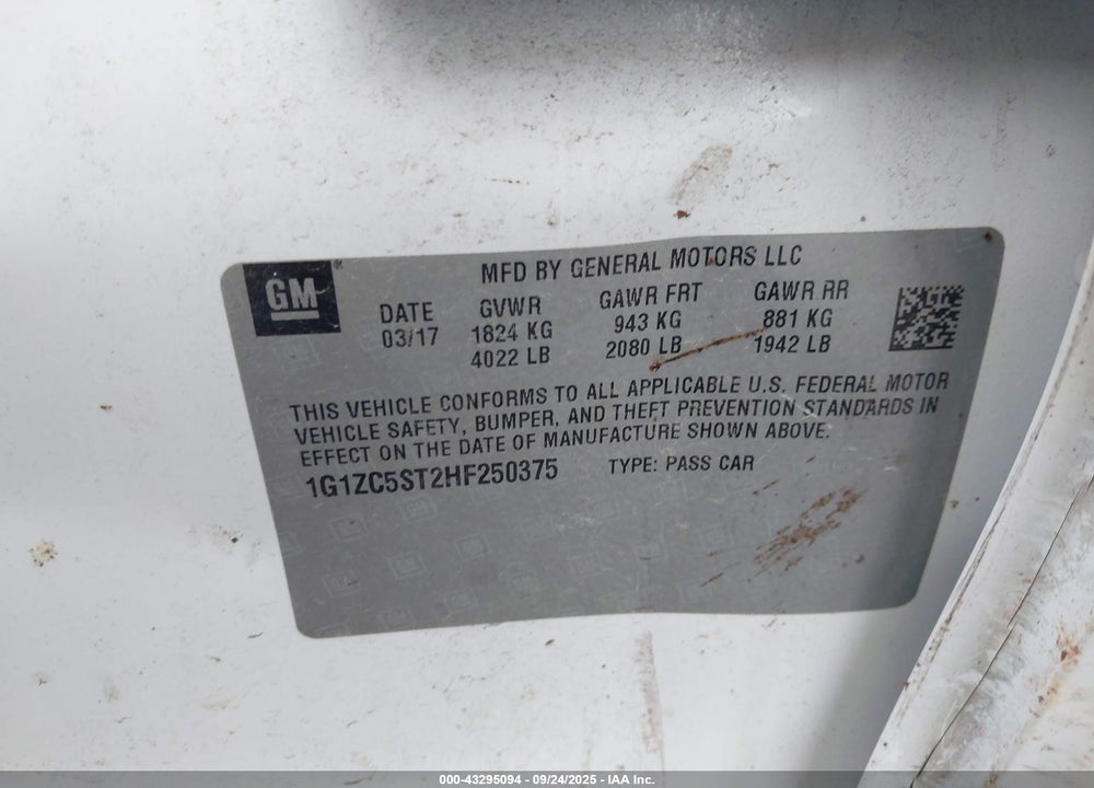 2017 CHEVROLET MALIBU 1FL VIN: 1G1ZC5ST2HF250375