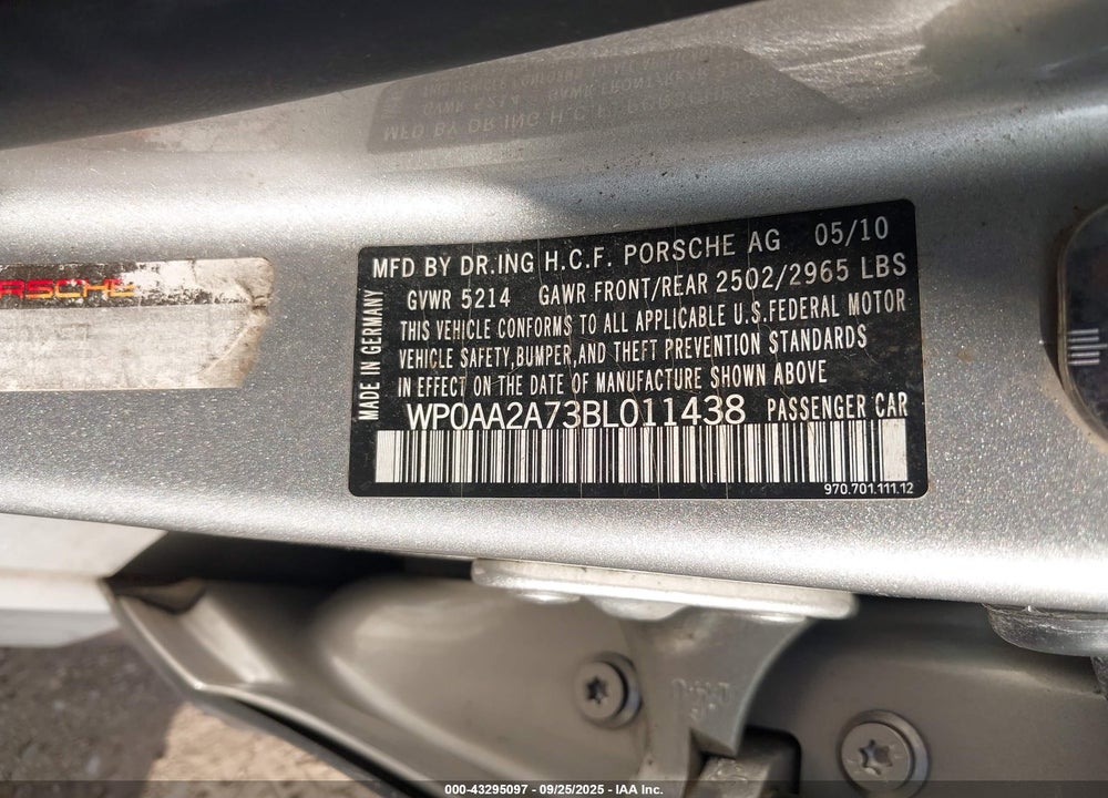 2011 PORSCHE PANAMERA 4 VIN: WP0AA2A73BL011438