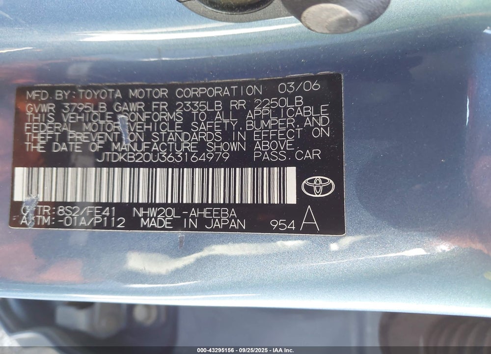 2006 TOYOTA PRIUS VIN: JTDKB20U363164979
