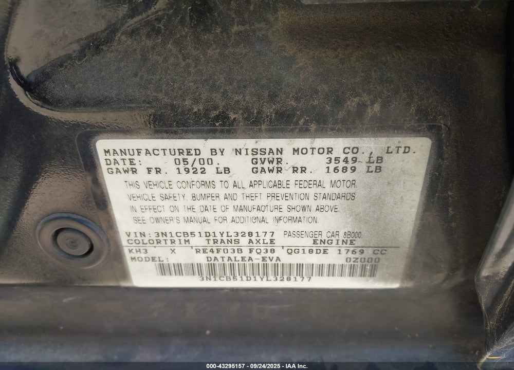 2000 NISSAN SENTRA GXE/XE VIN: 3N1CB51D1YL328177