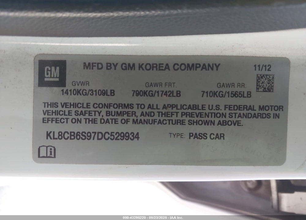 2013 CHEVROLET SPARK VIN: KL8CB6S97DC529934