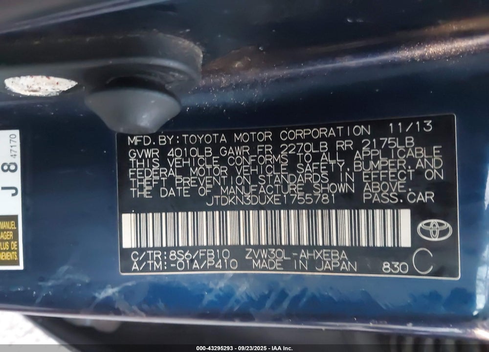 2014 TOYOTA PRIUS VIN: JTDKN3DUXE1755781