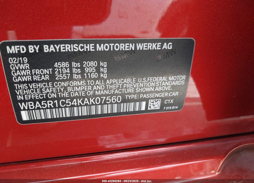 2019 BMW 3 SERIES VIN: WBA5R1C54KAK07560