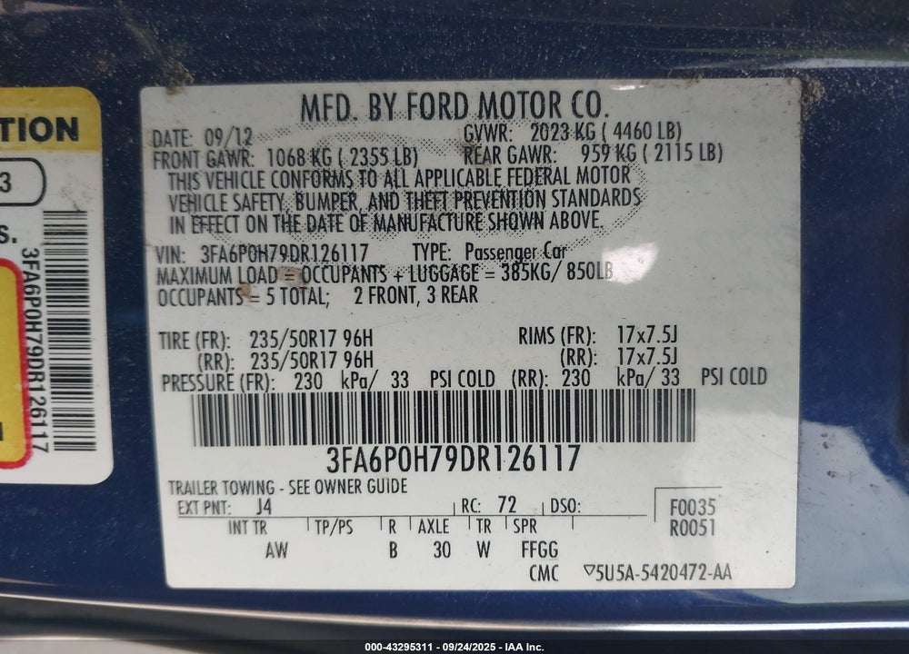 2013 FORD FUSION SE VIN: 3FA6P0H79DR126117