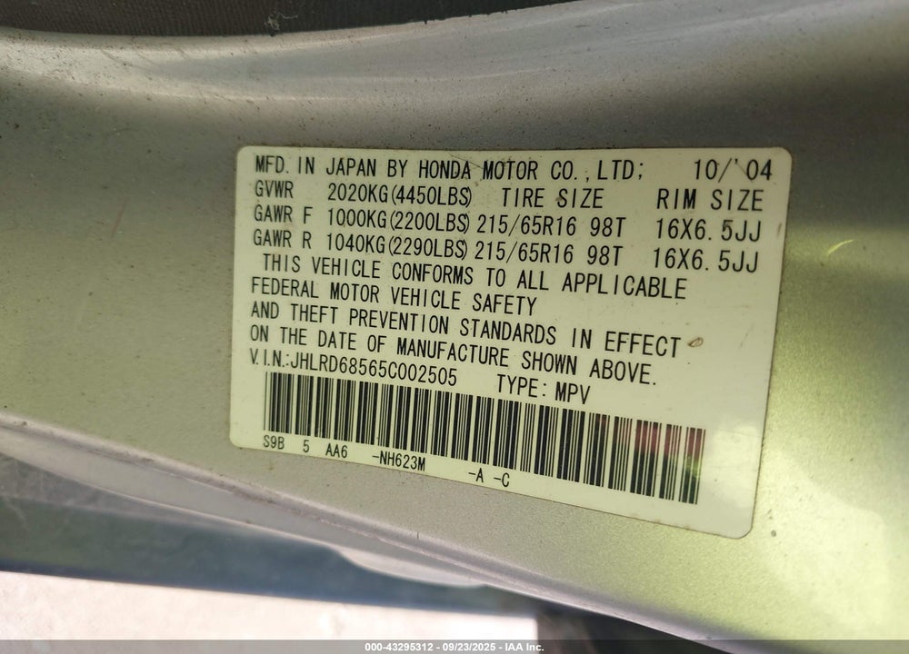 2005 HONDA CR-V LX VIN: JHLRD68565C002505