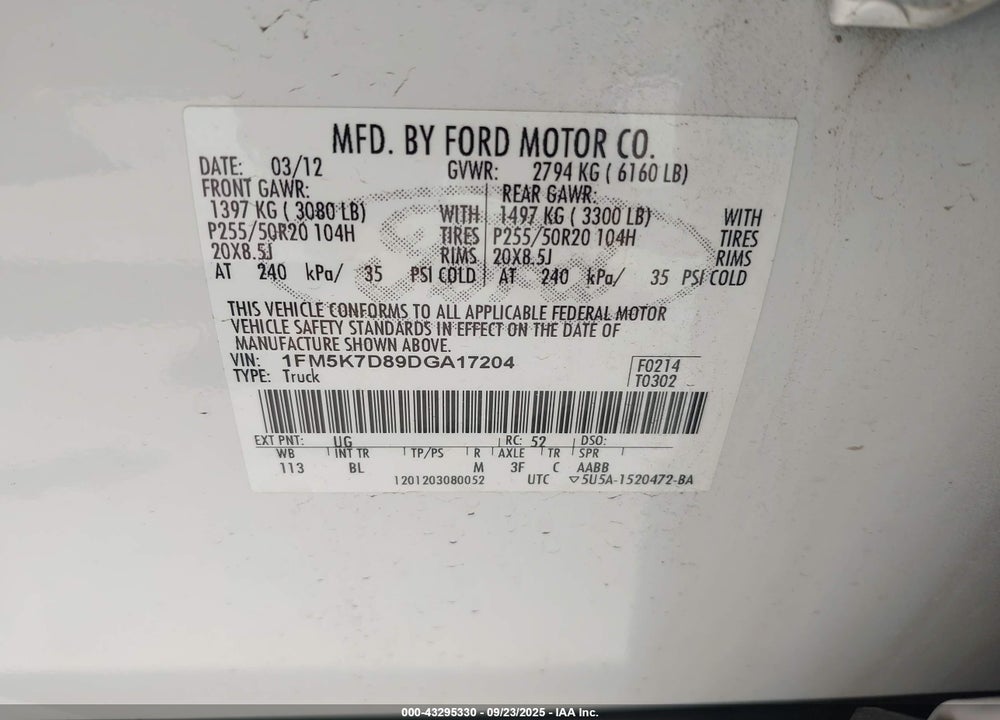 2013 FORD EXPLORER XLT VIN: 1FM5K7D89DGA17204