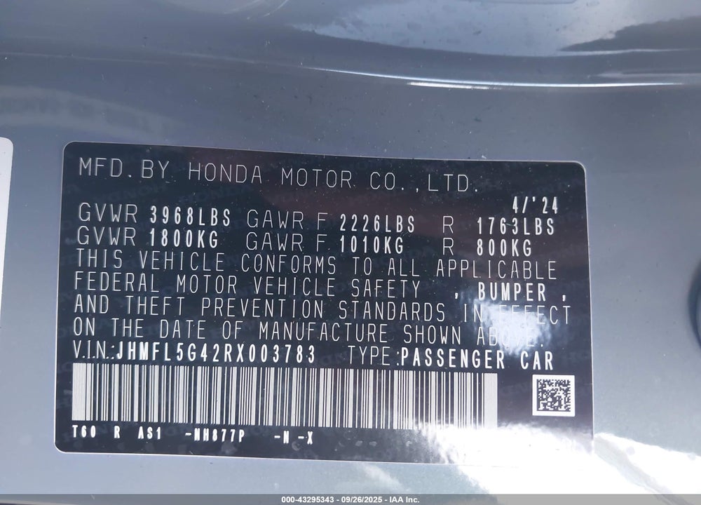 2024 HONDA CIVIC TYPE-R VIN: JHMFL5G42RX003783