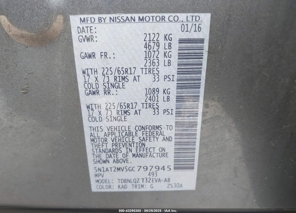 2016 NISSAN ROGUE VIN: 5N1AT2MV5GC797945