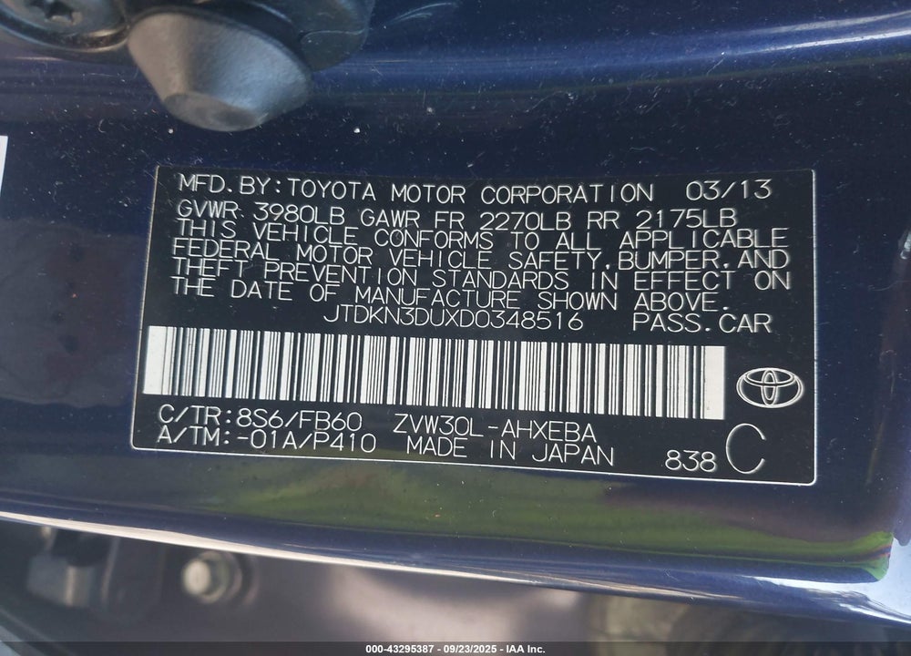 2013 TOYOTA PRIUS VIN: JTDKN3DUXD0348516