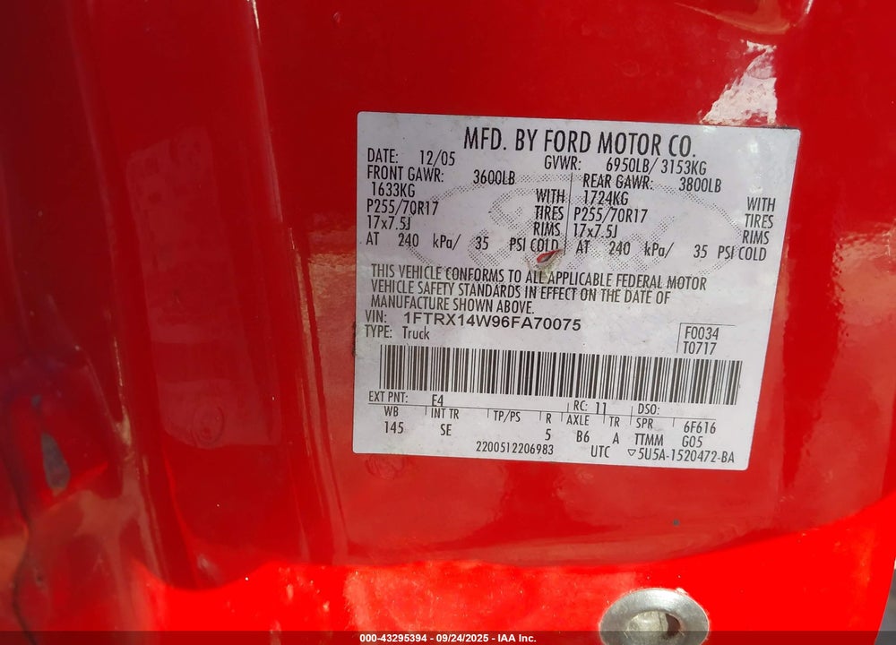 2006 FORD F-150 VIN: 1FTRX14W96FA70075