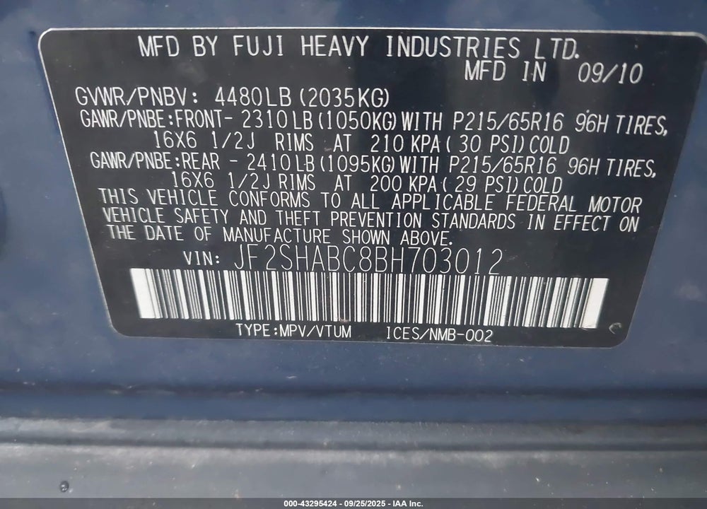 2011 SUBARU FORESTER 2.5X VIN: JF2SHABC8BH703012