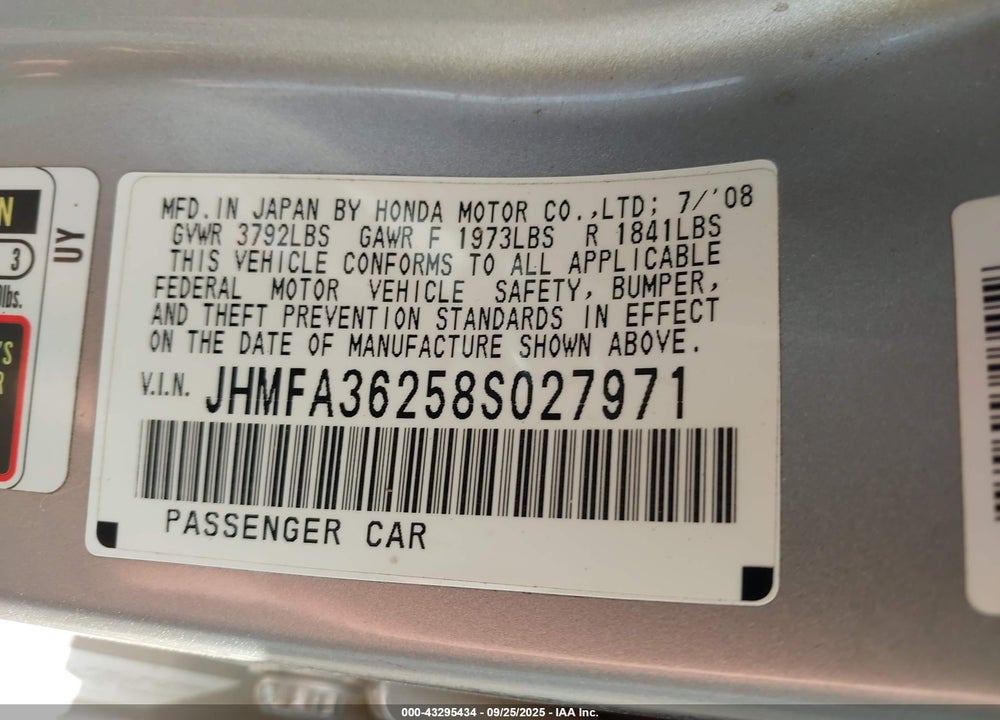 2008 HONDA CIVIC HYBRID VIN: JHMFA36258S027971
