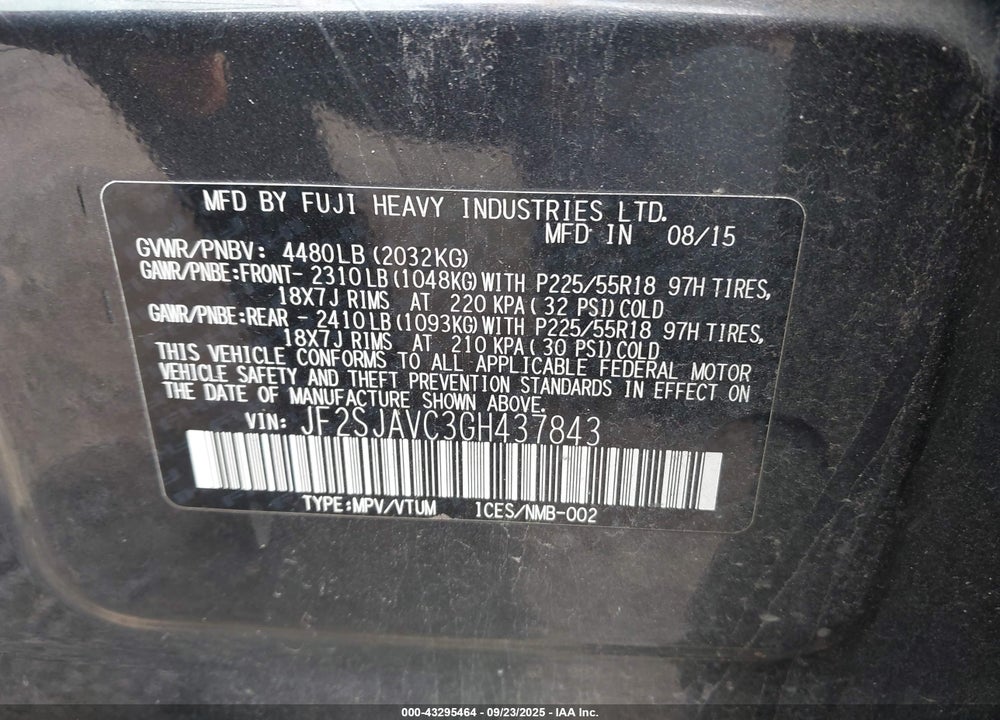 2016 SUBARU FORESTER VIN: JF2SJAVC3GH437843