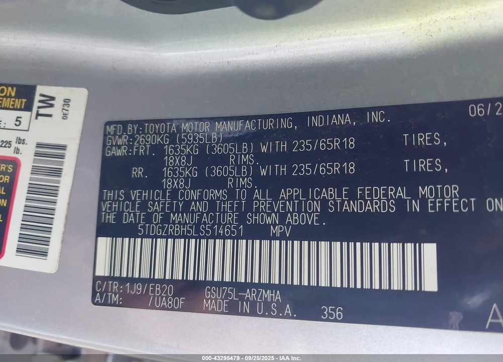 2020 TOYOTA HIGHLANDER XLE VIN: 5TDGZRBH5LS514651