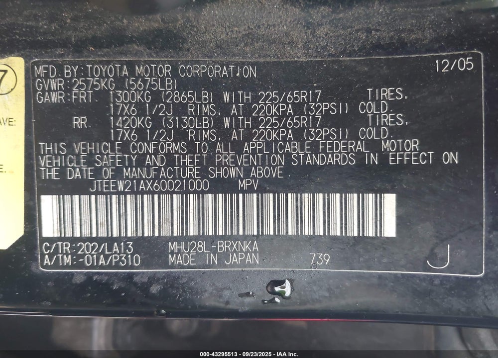 2006 TOYOTA HIGHLANDER HYBRID LIMITED V6 VIN: JTEEW21AX60021000
