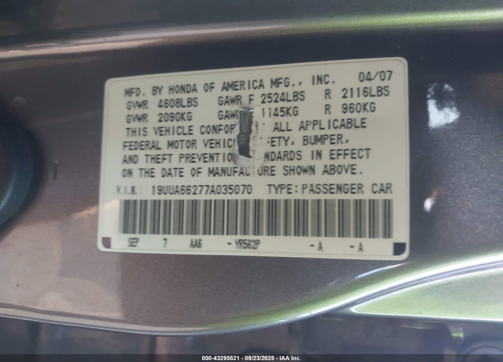 2007 ACURA TL VIN: 19UUA66277A035070
