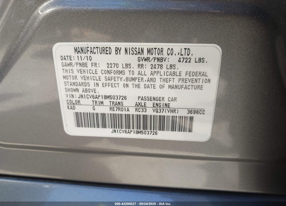 2011 INFINITI G37 VIN: JN1CV6AP1BM503726
