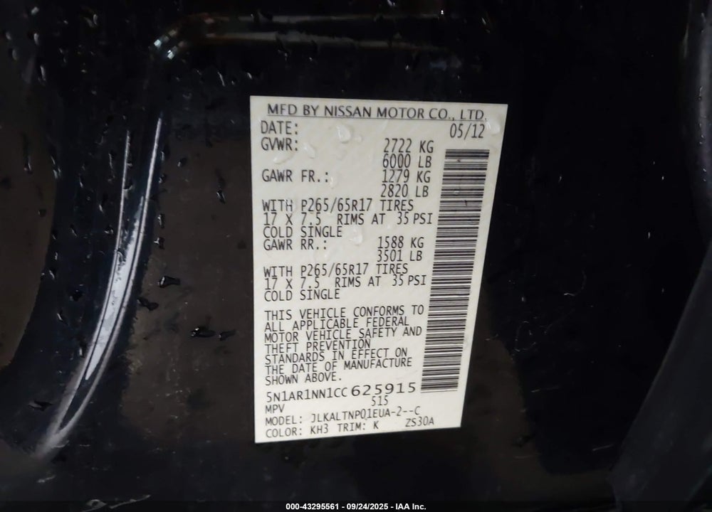 2012 NISSAN PATHFINDER SV VIN: 5N1AR1NN1CC625915