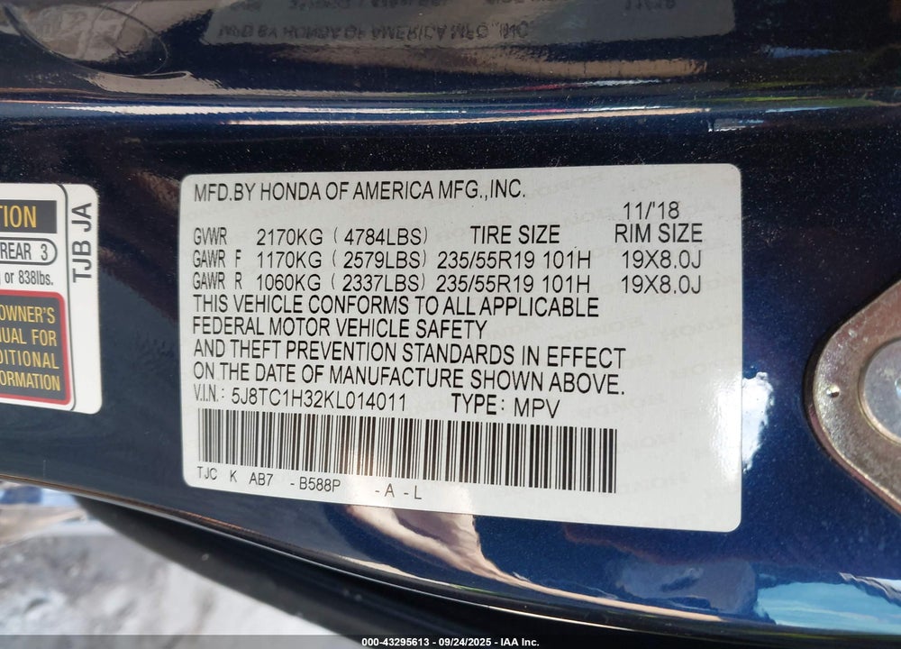 2019 ACURA RDX STANDARD VIN: 5J8TC1H32KL014011