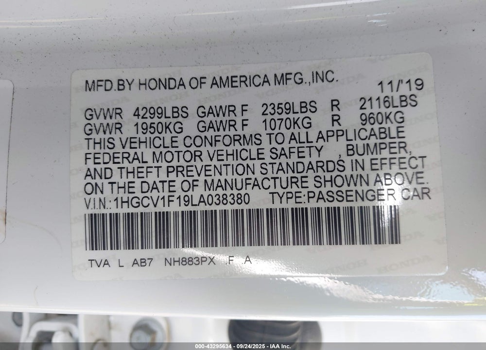 2020 HONDA ACCORD LX VIN: 1HGCV1F19LA038380