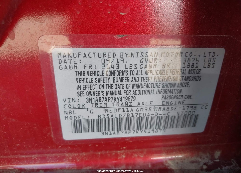 2019 NISSAN SENTRA SV VIN: 3N1AB7AP7KY419879