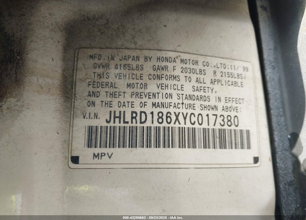 2000 HONDA CR-V EX VIN: JHLRD186XYC017380