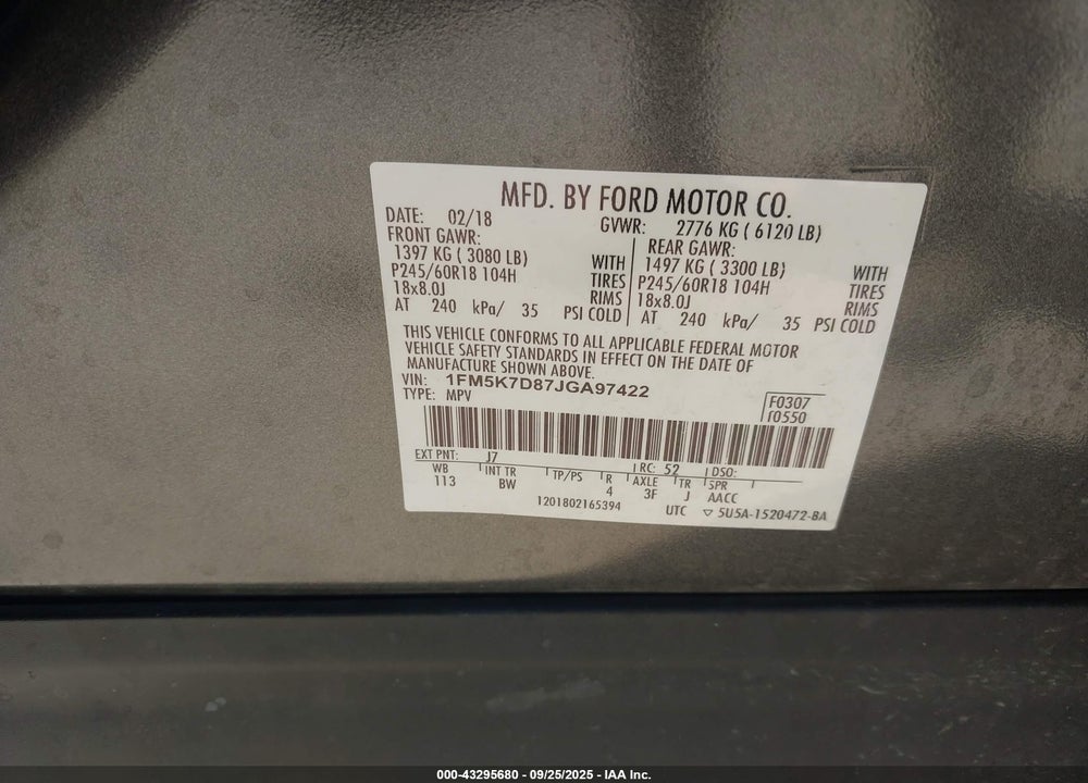 2018 FORD EXPLORER XLT VIN: 1FM5K7D87JGA97422