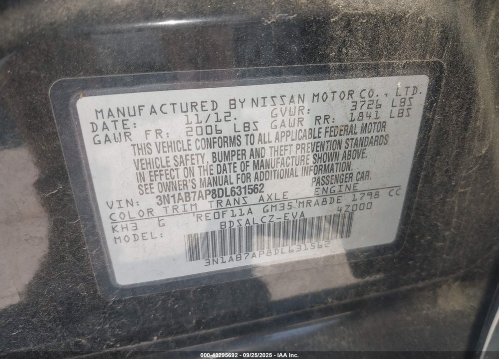 2013 NISSAN SENTRA S VIN: 3N1AB7AP8DL631562