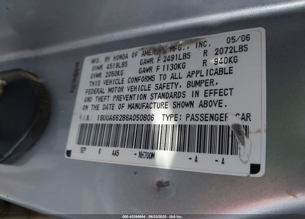 2006 ACURA TL VIN: 19UUA66286A050806