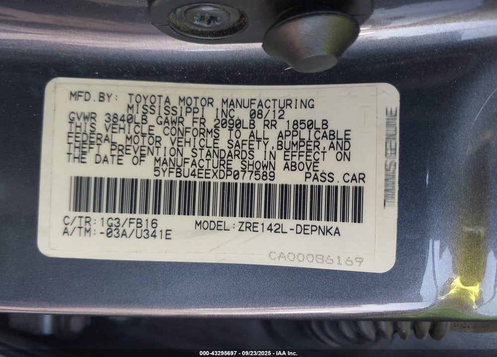 2013 TOYOTA COROLLA VIN: 5YFBU4EEXDP077589