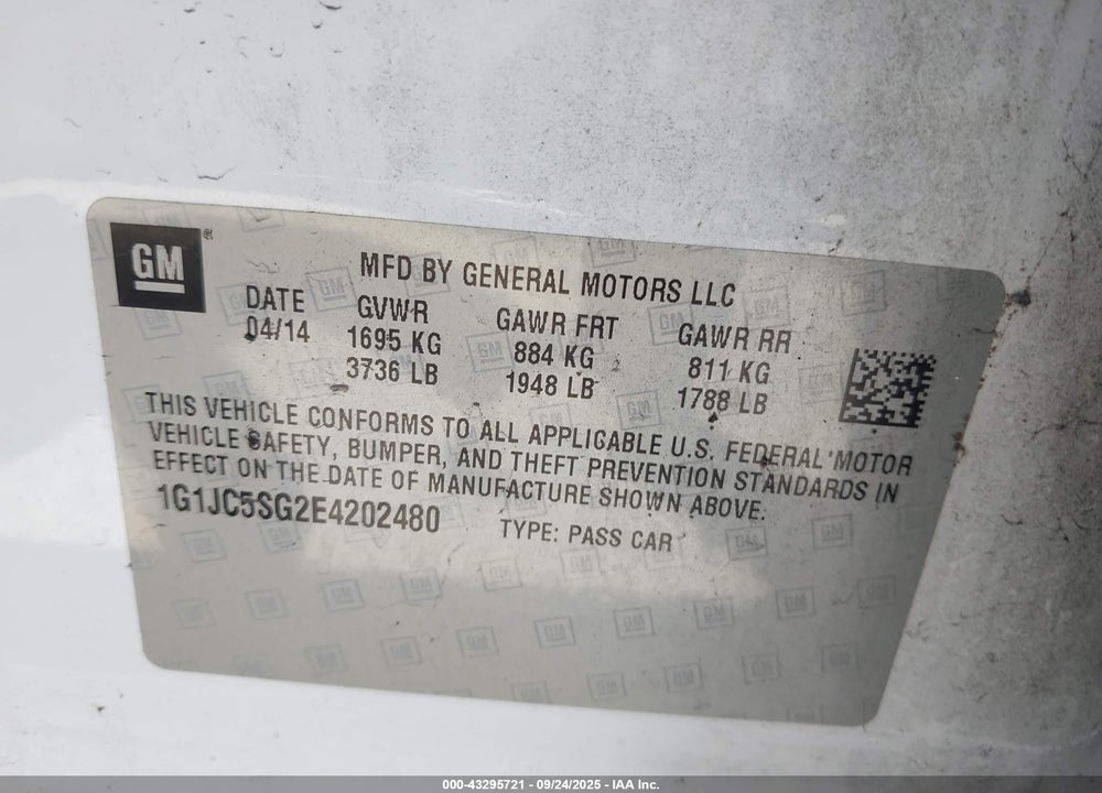 2014 CHEVROLET SONIC LT AUTO VIN: 1G1JC5SG2E4202480