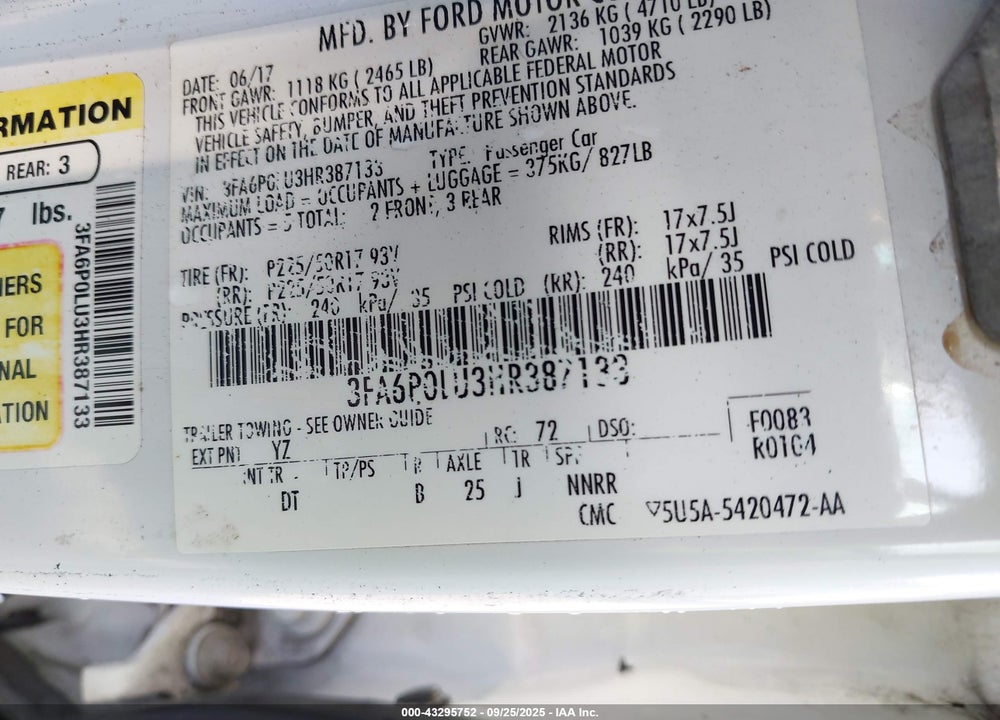 2017 FORD FUSION HYBRID SE VIN: 3FA6P0LU3HR387133
