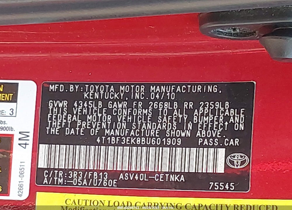 2011 TOYOTA CAMRY LE VIN: 4T1BF3EK8BU601909