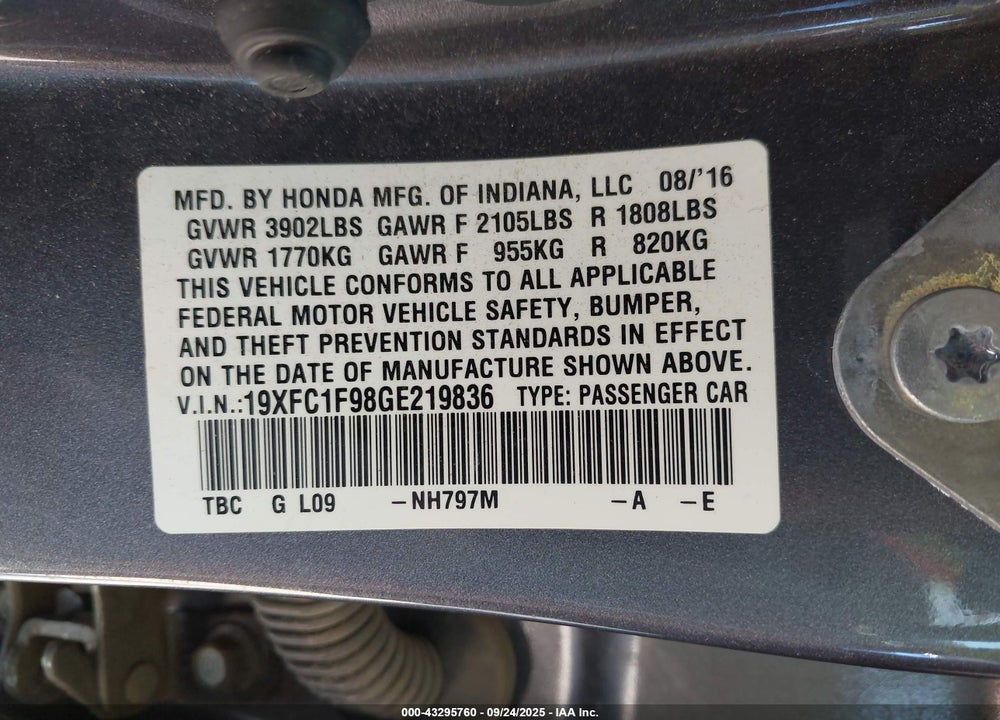 2016 HONDA CIVIC VIN: 19XFC1F98GE219836