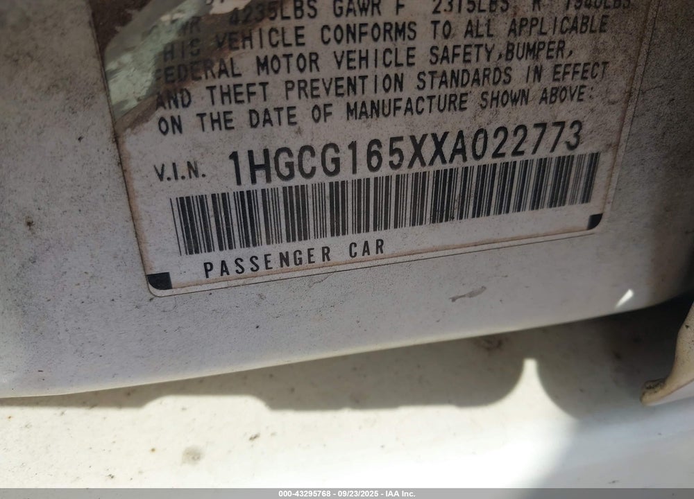 1999 HONDA ACCORD EX V6 VIN: 1HGCG165XXA022773