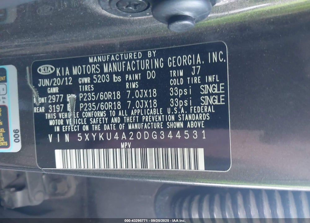 2013 KIA SORENTO VIN: 5XYKU4A20DG344531