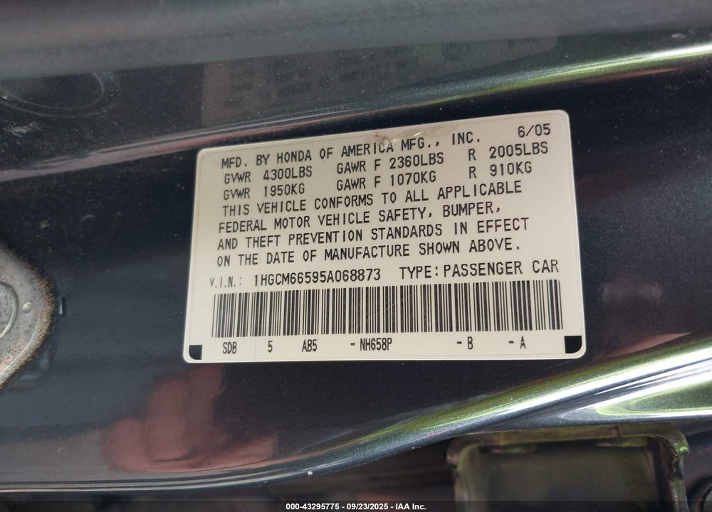 2005 HONDA ACCORD 3.0 EX VIN: 1HGCM66595A068873