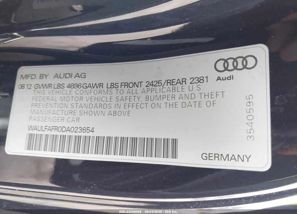 2013 AUDI A5 VIN: WAULFAFR0DA023654