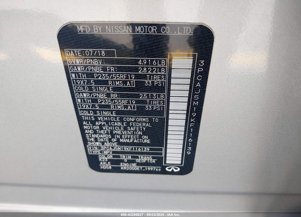 2019 INFINITI QX50 VIN: 3PCAJ5M19KF116139