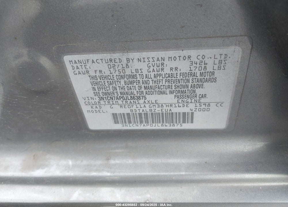 2018 NISSAN VERSA VIN: 3N1CN7AP0JL863875