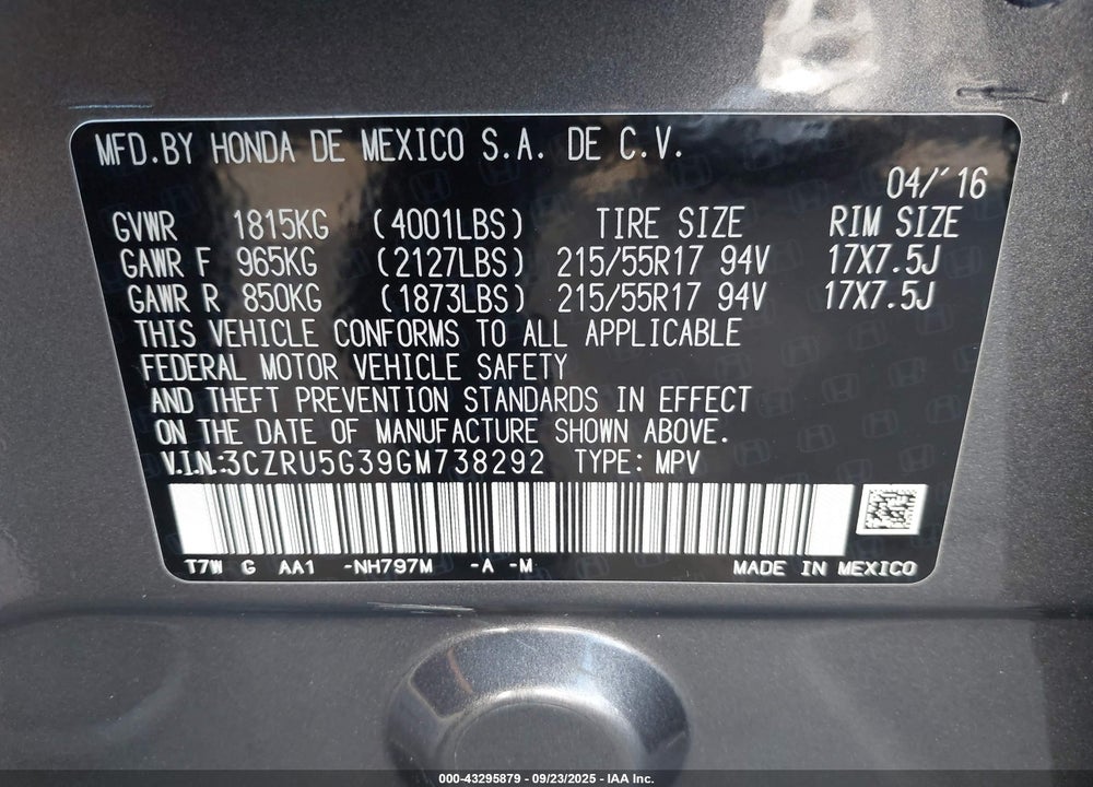 2016 HONDA HR-V LX VIN: 3CZRU5G39GM738292