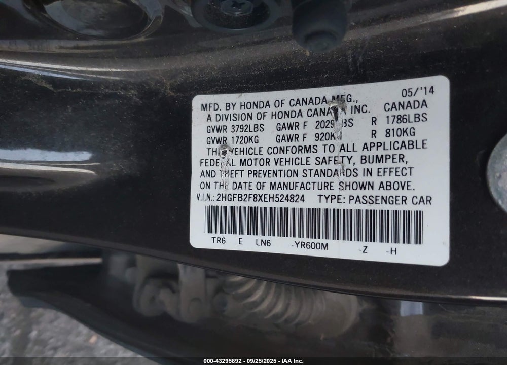 2014 HONDA CIVIC EX VIN: 2HGFB2F8XEH524824